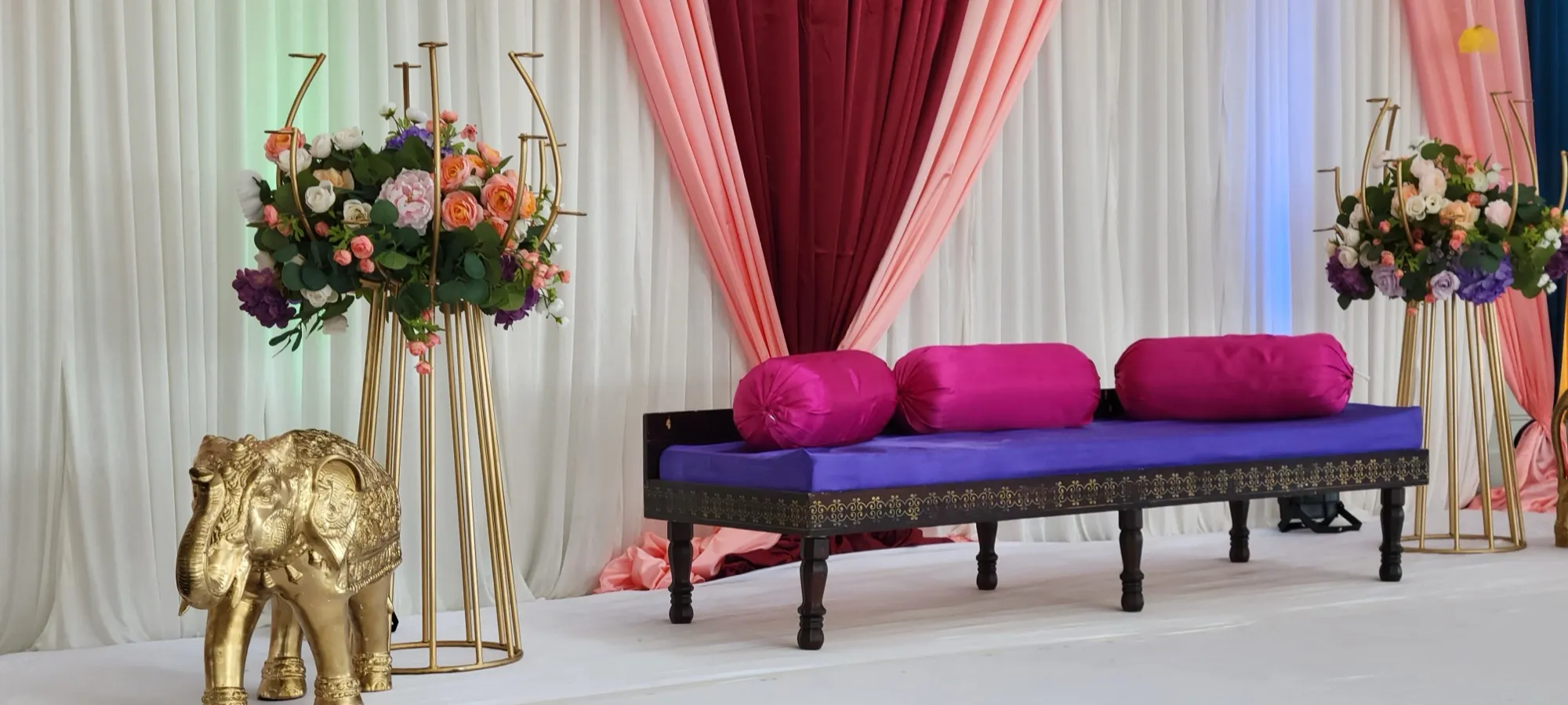 Stage front view centered — Colorful Sangeet Stage with Diwan & Elephants