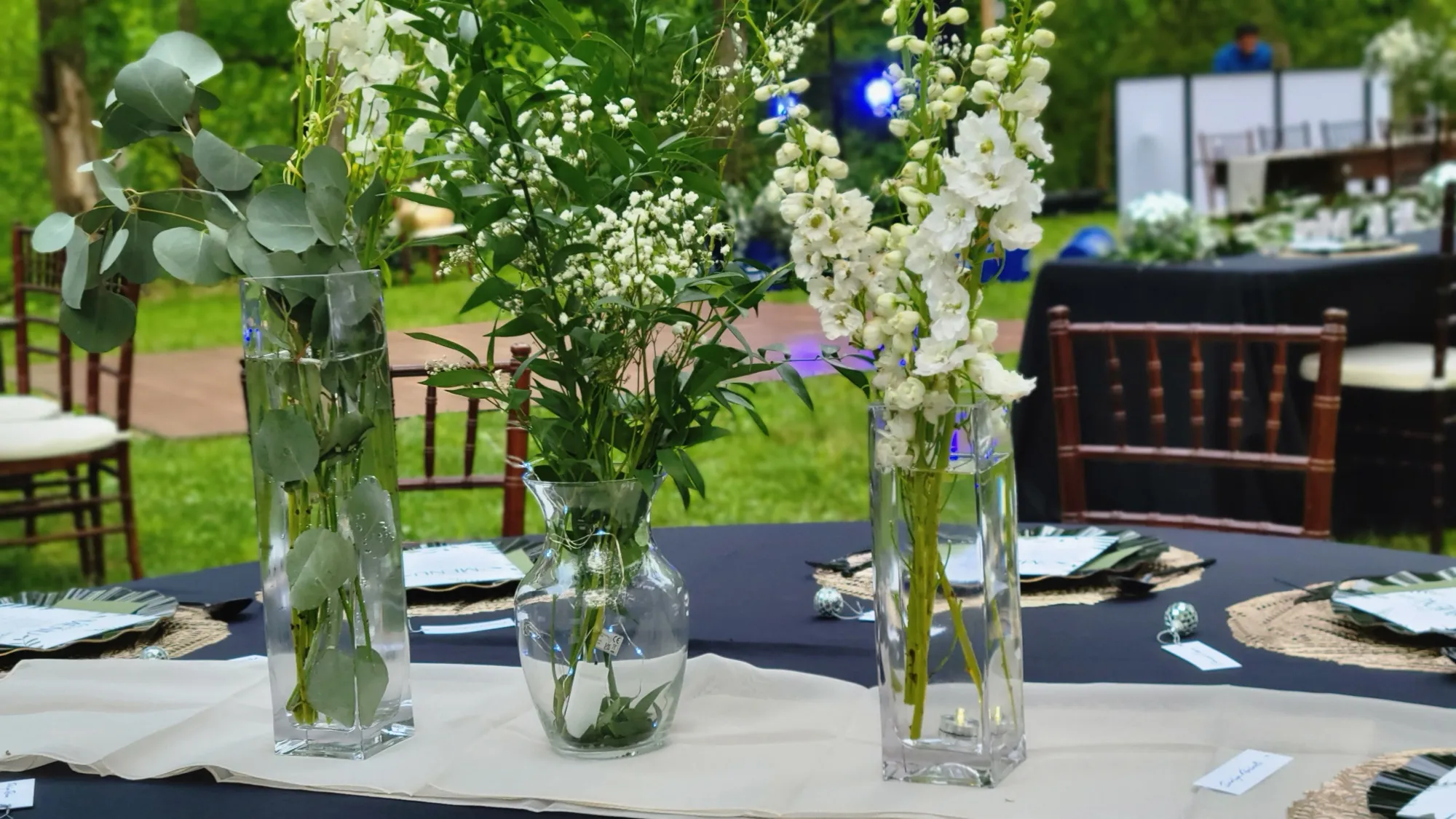 Table centerpiece glass vases eucalyptus — Rustic Bamboo Garden Mandap