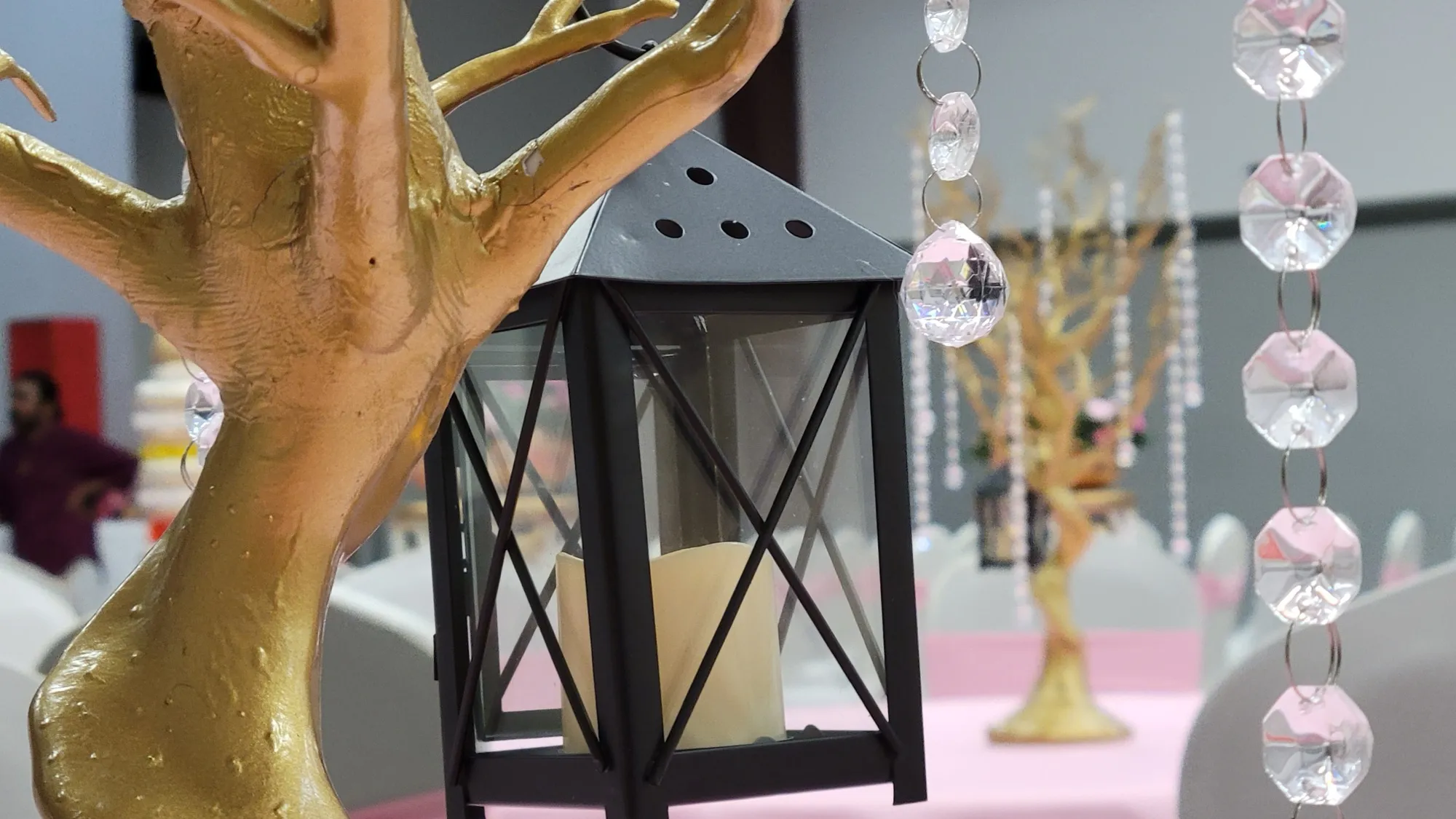 Manzanita tree lantern crystal garland — Pink Wisteria Mandap