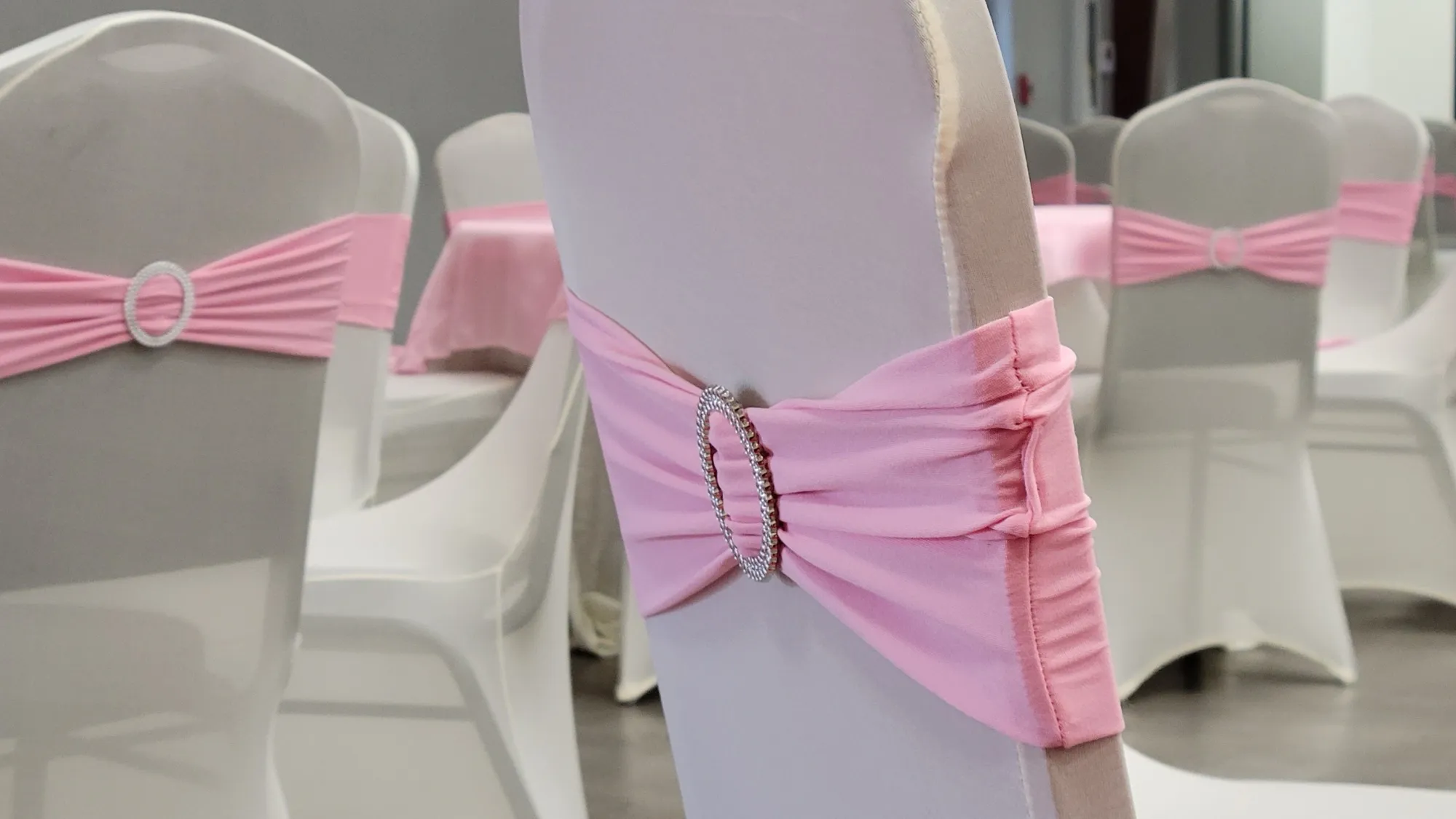 Chair cover pink sash buckle — Pink Wisteria Mandap