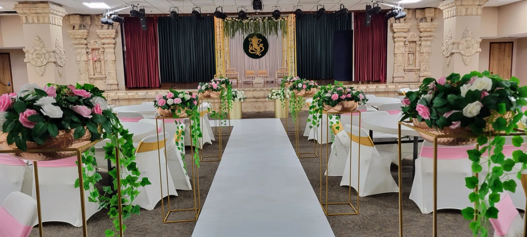 Mandap floral canopy greenery roses — Gold Frame Mandap in Green & White