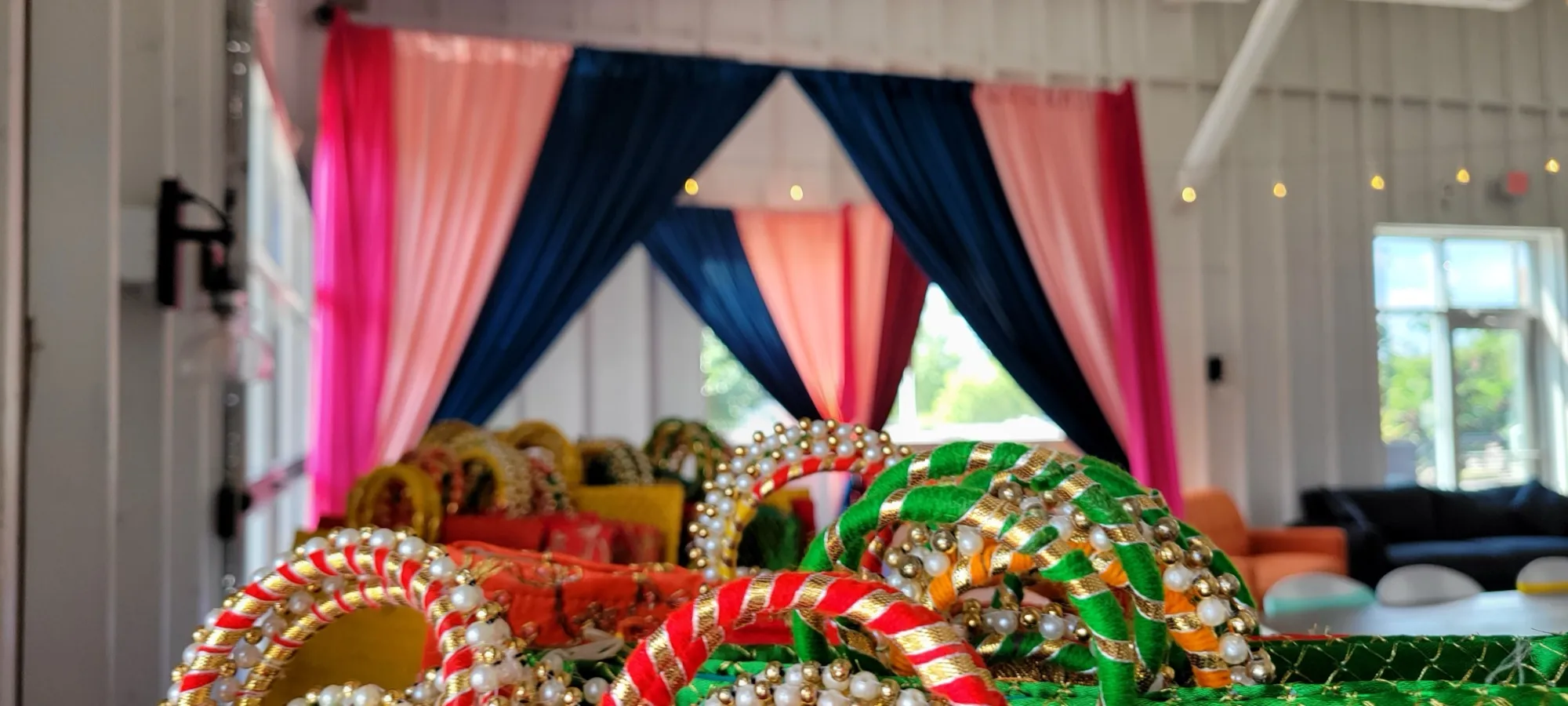 Gold elephant detail flower stand — Colorful Sangeet Stage with Diwan & Elephants