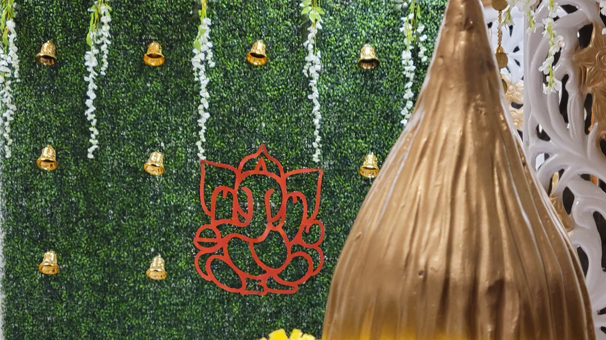 Backdrop ganesha motif bells wisteria — Traditional Gold & Marigold Mandap